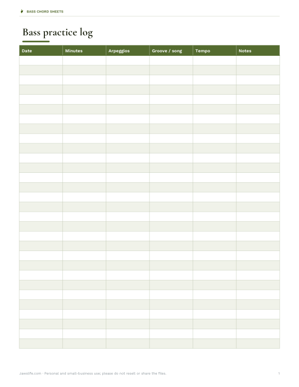Preview of Printable Bass Practice Log